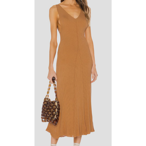 NWT Free People Camel Brown Sweet as Honey RibKnit VNeck Sleeveless Maxi Dress L - Picture 1 of 12